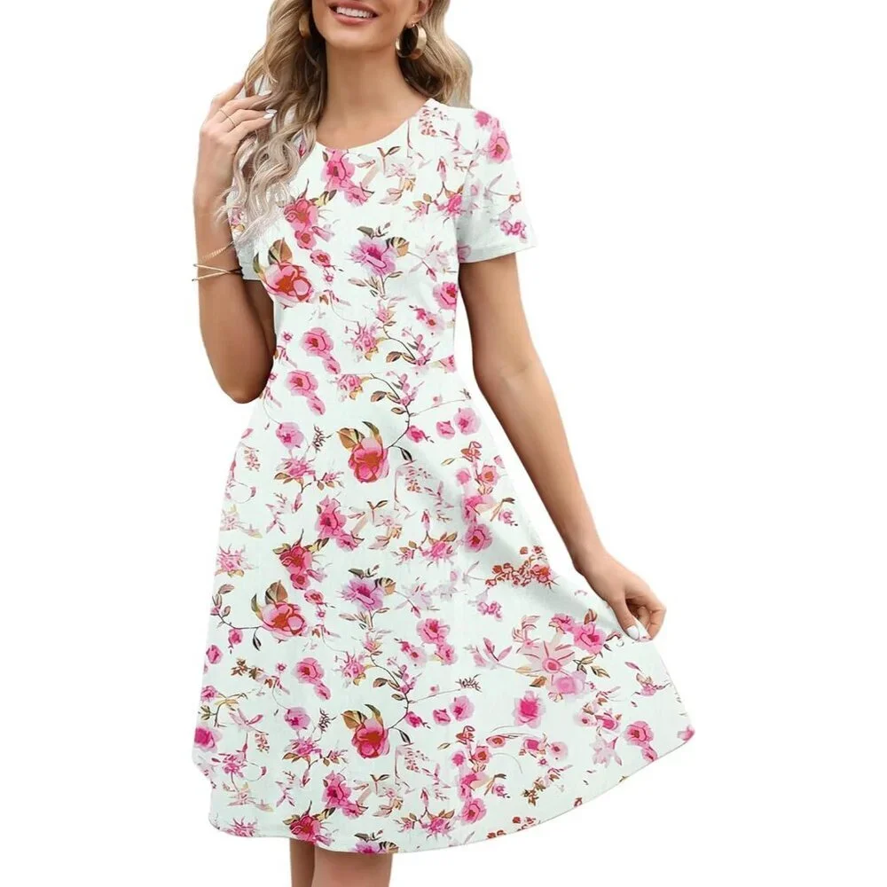 Women's Rose White Elegant Knee Length Vintage A-Line Swing Dress with Pockets